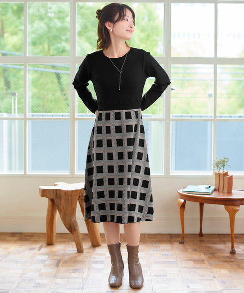 リボンベルト付きチェック柄ニットワンピース